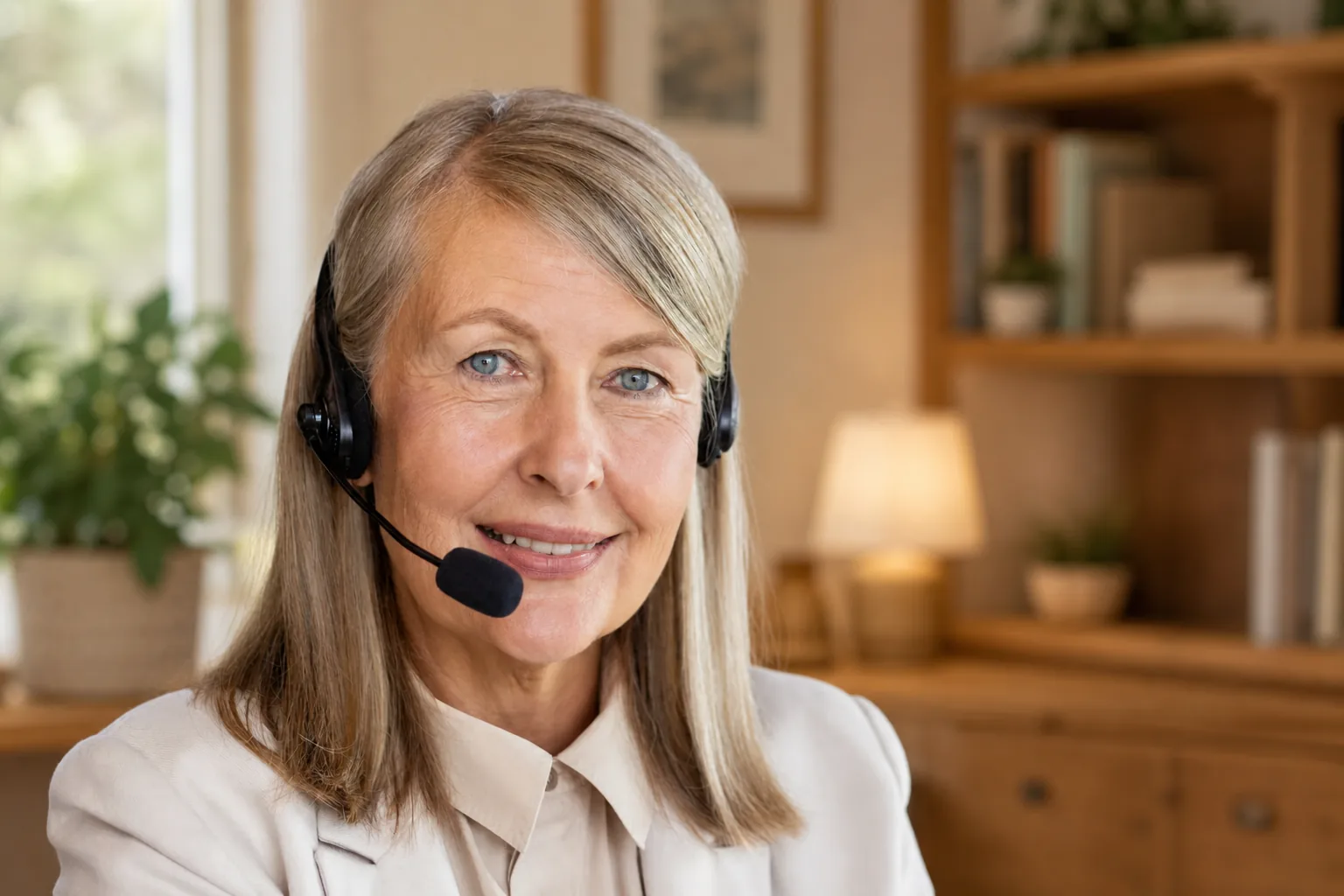 A KiwiFirst team member wearing a headset in a warm office